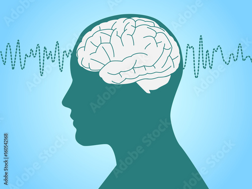 Brain waves vector illustration with face profile.