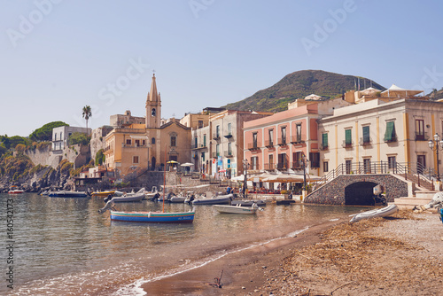 Aeolian Islands - Lipari - Sicily - Harbor, church in the background photo