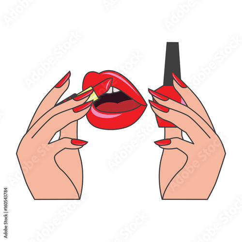 red lips and manicure nails . makeup and cosmetics, vector illustration