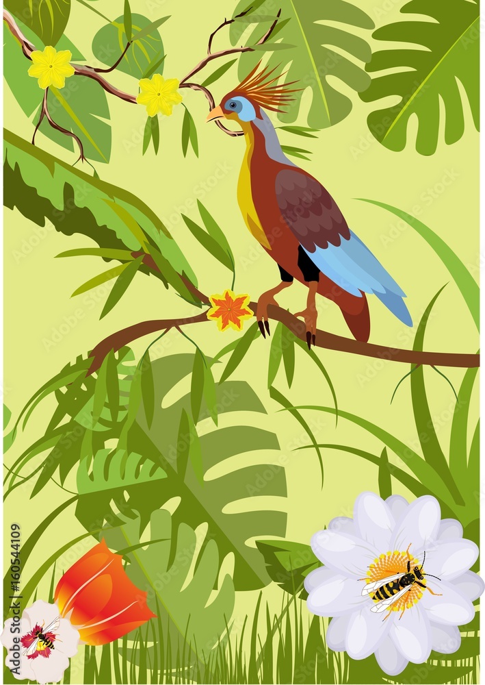 Obraz premium Jungle vector illustration, tropical vector bird and plants and flowers