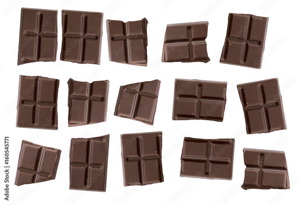 Brown chocolate bars isolated on white background, close-up bar of black or dark chocolate and chocolate pieces Brown chocolate bars isolated on white background, close-up bar of black or dark chocolate and chocolate pieces