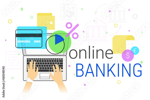 Online banking and accounting on laptop creative concept vector illustration. Human hands typing on laptop keyboard for bank accounting, card managing, money sending, savings and making deposit online