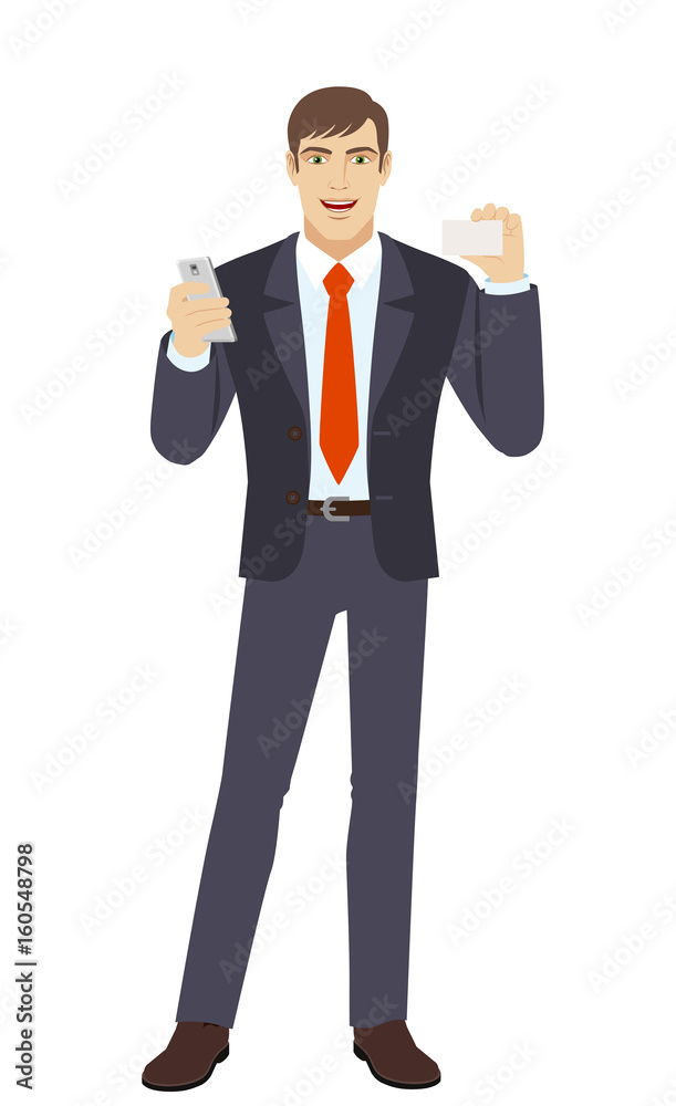 Businessman with mobile phone showing the business card Businessman with mobile phone showing the business card