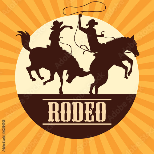 rodeo poster with cowboy and cowgirl silhouette riding on wild horse and bull. vector illustration