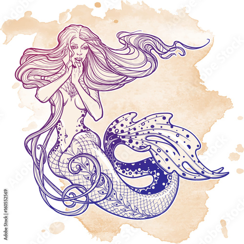 Beautiful mermaid girl sitting hand drawn artwork. Sensual and dangerous ocean siren in retro style. Sea, fantasy, spirituality, mythology, tattoo art, coloring books. Isolated vector illustration.