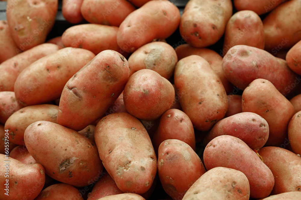 Heap of new potato at retail display close up Heap of new potato at retail display close up