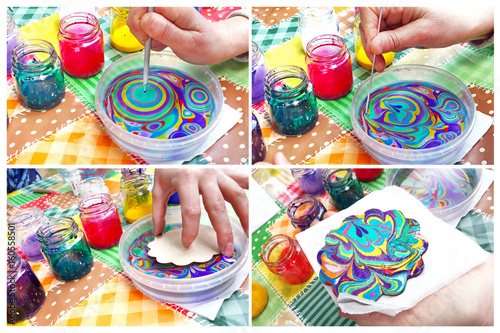 Process of creating drawings in ebru technique, step by step