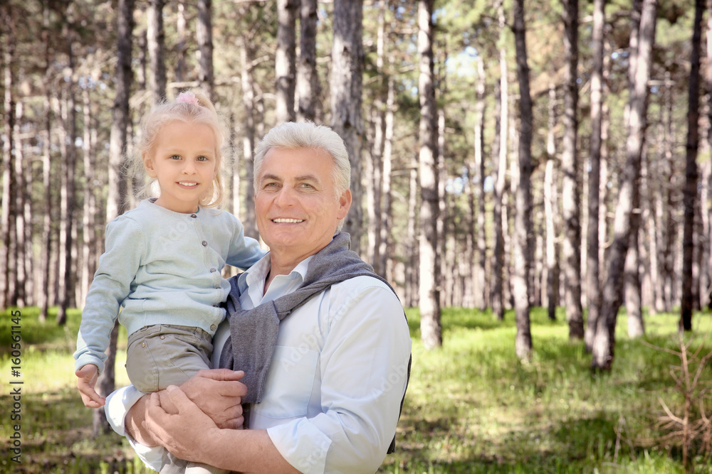 Happy senior man with granddaughter in forest on sunny day