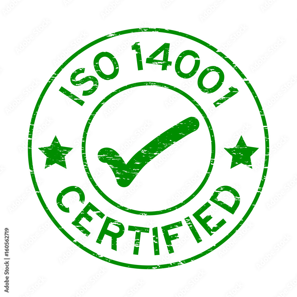 Grunge green ISO 14001 certified with mark icon round rubber seal stamp on white background Grunge green ISO 14001 certified with mark icon round rubber seal stamp on white background