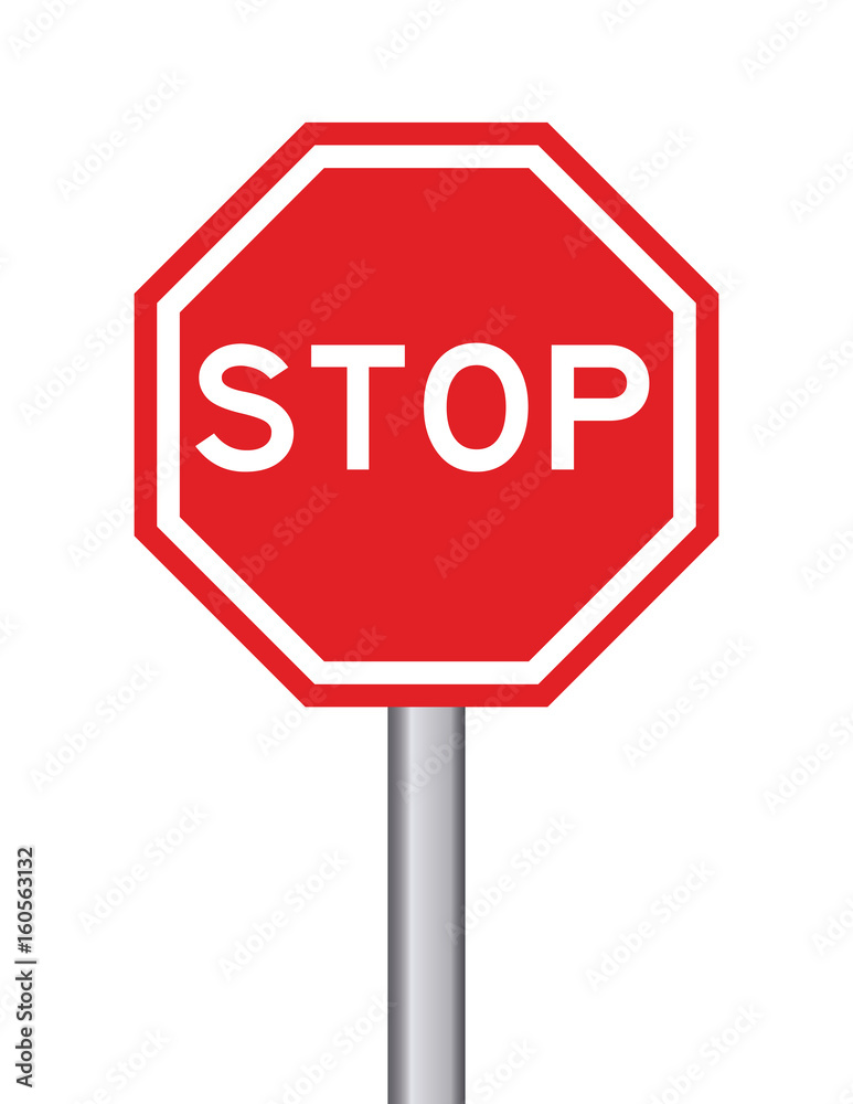 Stop wording on red octagon transportation sign on white background