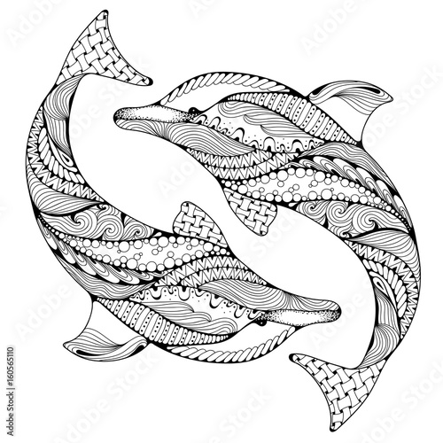 Stylized ocean dolphin animal. Freehand sketch for adult anti stress coloring book page with doodle and zentangle elements. Ornamental pattern for relax and meditation