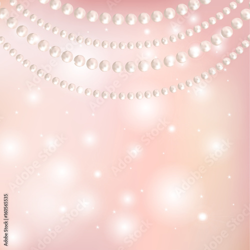 Abstract pearl garlands, beads on shiny pink background with bokeh. Texture for celebratory design, Christmas decorations. wedding theme. (Clipping mask used, easy editable) Vector illustration.