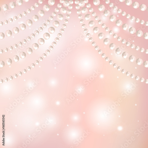 Abstract pearl garlands, beads on shiny pink background with bokeh. Texture for celebratory design, Christmas decorations. wedding theme. (Clipping mask used, easy editable) Vector illustration.