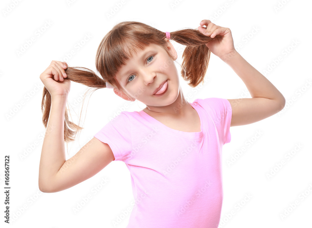 Funny little girl on white background Funny little girl on white background