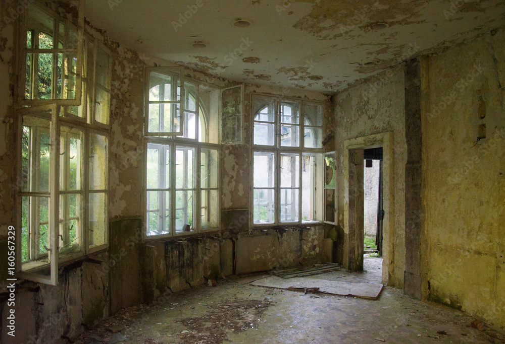 Empty hall in an abandoned hotel