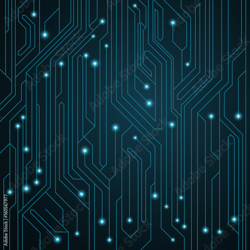 High-tech background. Motherboard with luminous neon connectors. Computer circuit. Vector illustration