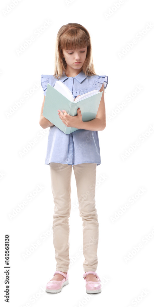 Pretty little girl with book on white background Pretty little girl with book on white background