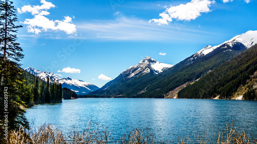 Duffey Lake in the Coast Mountain Range between Pemberton and Lillooet in southern British Columbia. The snow capped peak of Mount Rohr at the far south end of the lake
