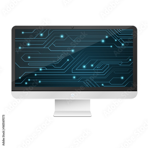 Modern, high-tech computer isolated on white background. An image of a glowing motherboard on the monitor screen. Blue chain with connectors. Vector illustration