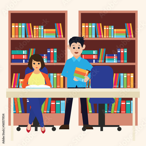 man and woman in a library, working, reading a book. vector illustration