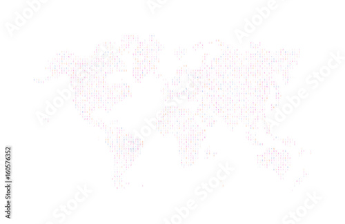Hexadecimal computer code in the form of a silhouette of the world map. Magenta and orange symbols. Abstract background. Hacker attack. Generated computer code concept