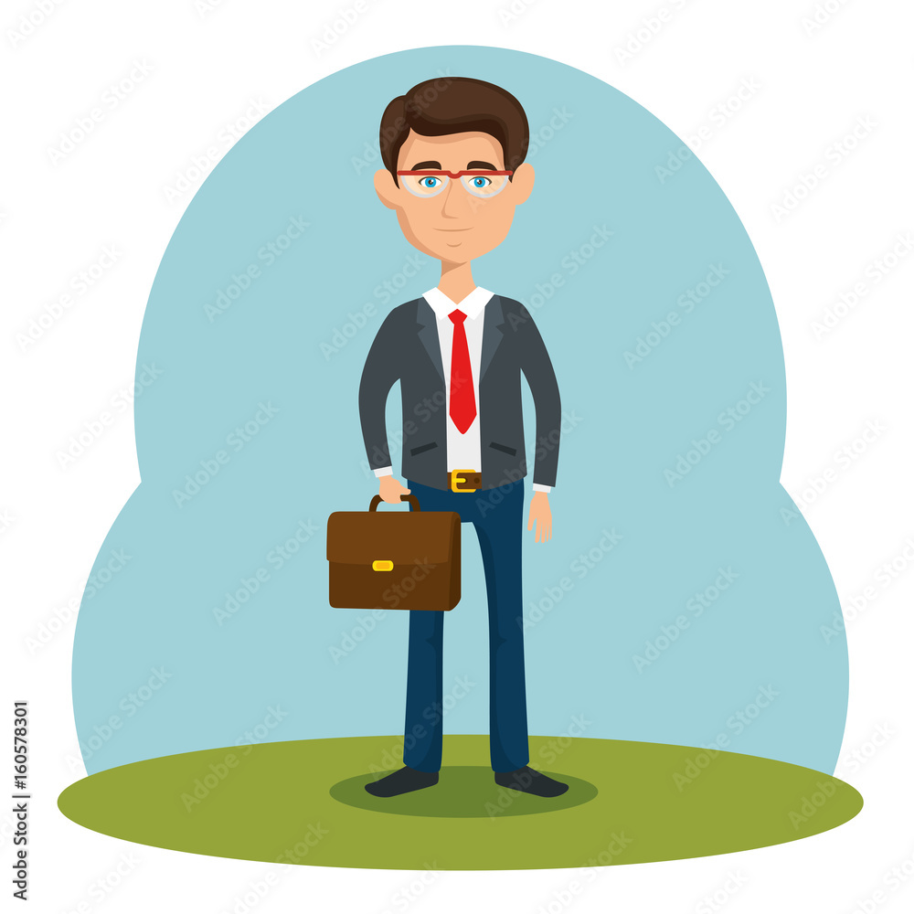 Businessman with briefcase over blue green and white background vector illustration