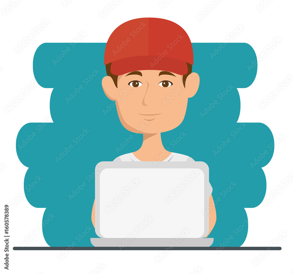 Man with laptop over blue and white background vector illustration Man with laptop over blue and white background vector illustration