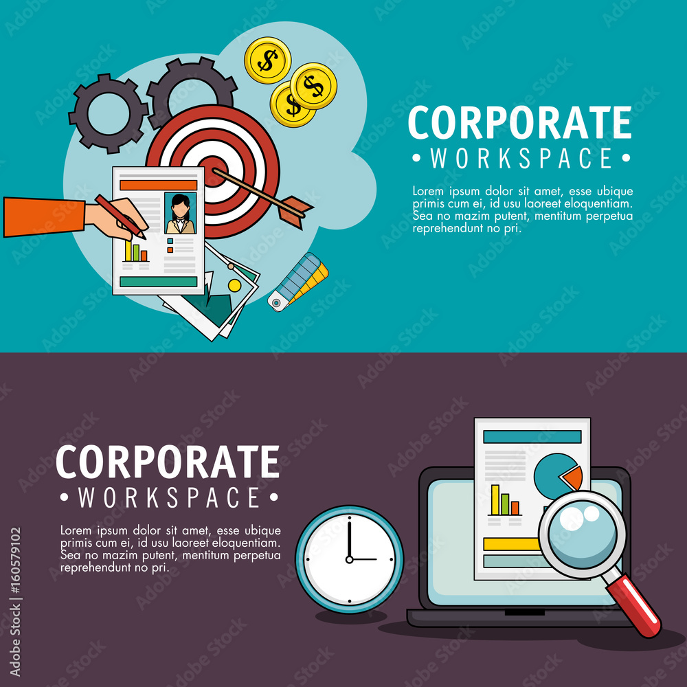 Corporate workspace infographic with strategy and office related