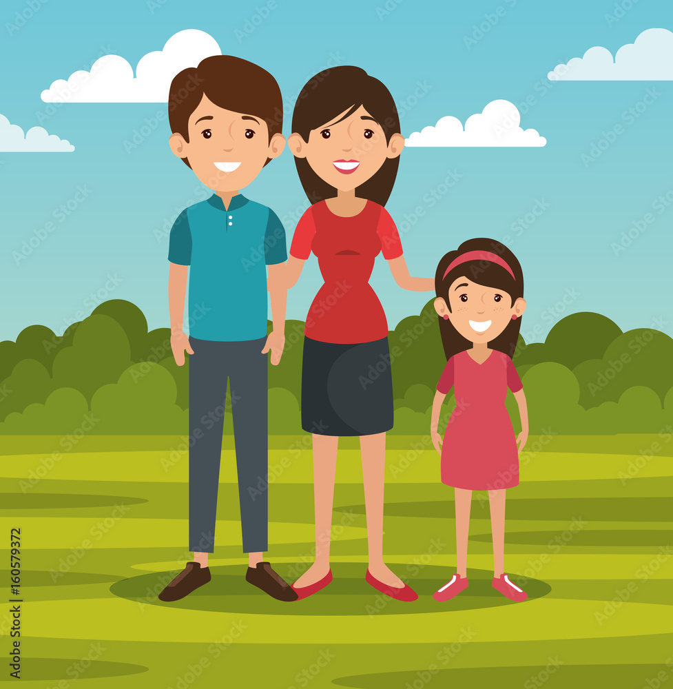 Standing family with outdoors landscape behind vector illustration 