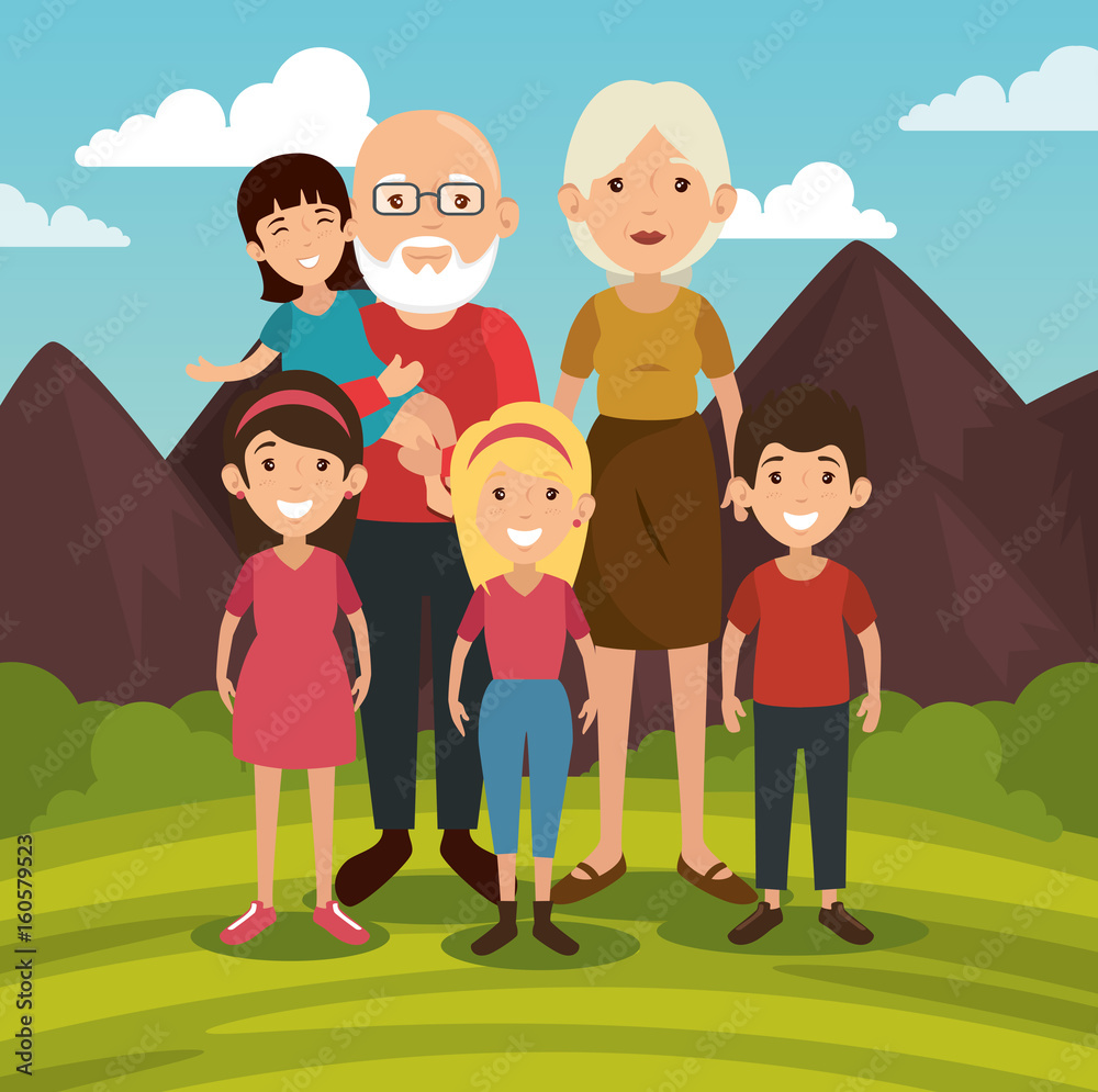 Big family with outdoors landscape behind vector illustration 
