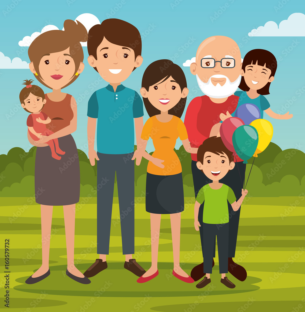 Big family with outdoors landscape behind vector illustration 
