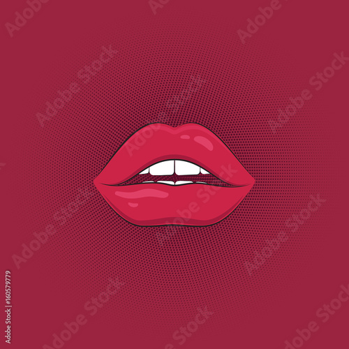 Print of sexy pink lips. Cartoon style. Vector illustration.
