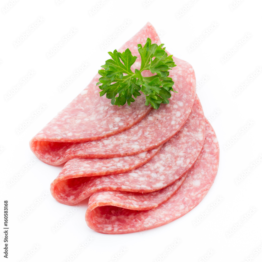 Salami smoked sausages slices isolated on white background. Salami smoked sausages slices isolated on white background.