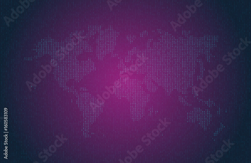 Hexadecimal computer code in the form of a silhouette of the world map. Blue symbols on dark background. Abstract background. Hacker attack. Generated computer code concept
