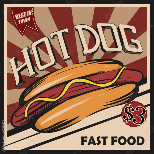 Hot dog. Retro poster. Vector template for delicious fast food.