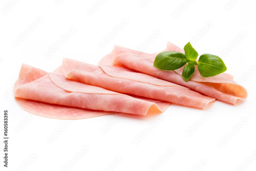 Thin slices of ham on white background. Thin slices of ham on white background.