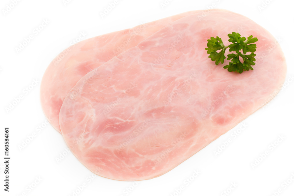 Thin slices of ham on white background. Thin slices of ham on white background.