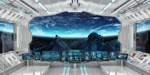 Fototapeta Naklejka Na Ścianę i Meble -  Spaceship interior with view on the planet Earth 3D rendering elements of this image furnished by NASA