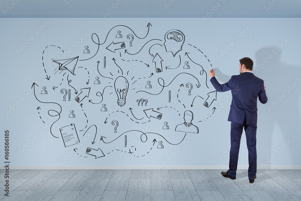 Businessman drawing a project sketch on a wall 3D rendering Businessman drawing a project sketch on a wall 3D rendering