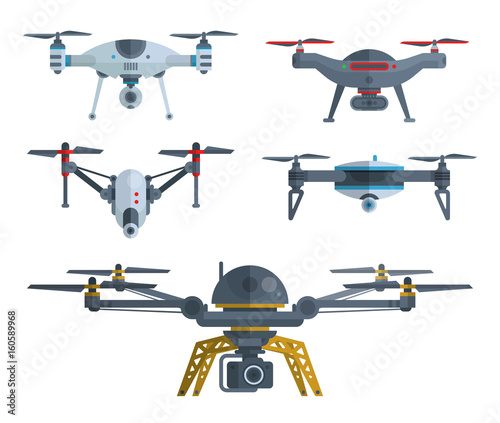 Set of modern icons of drones isolated on white background. Different types of radio controlled flying quadrocopters. Vector illustration flat style.