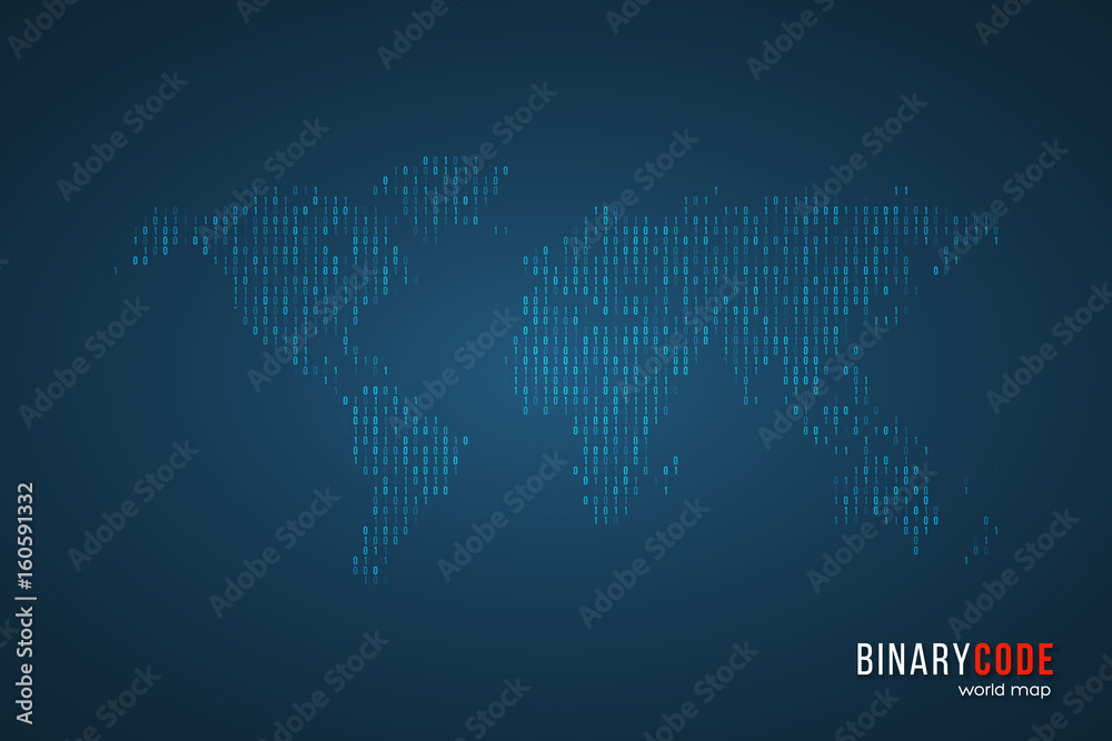 World map consisting of binary computer code. Software developer programming, coding, hacker concept. Vector illustration.