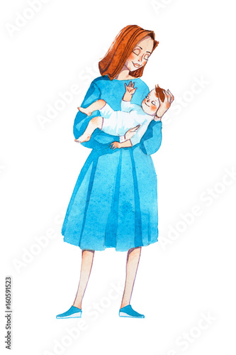 Young mom lulling her baby to sleep. Hand-drawn cartoon mother with infant