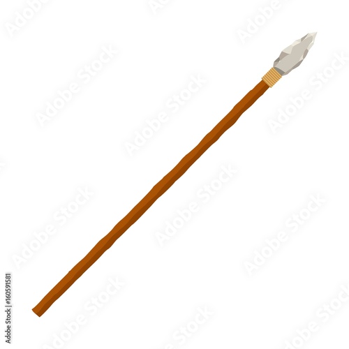 Spear isolated on white background. Hunting and military weapon prehistoric man. Primitive culture tool in flat style. Vector illustration.