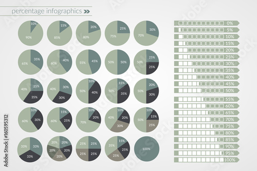 0 5 10 15 20 25 30 35 40 45 50 55 60 65 70 75 80 85 90 95 100 percent pie and arrow charts. Vector percentage infographics. Circle and line diagrams isolated. Set of business icon illustrations