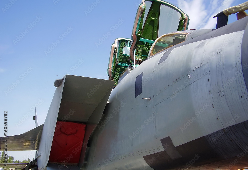 the cockpit of a military aircraft outside, closeup the cockpit of a military aircraft outside, closeup