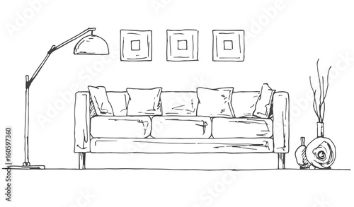 Linear sketch of the interior. Part of the room. Hand drawn vector illustration of a sketch style.