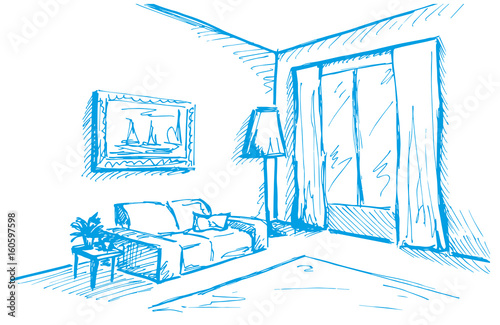 Hand drawn sketch. Linear sketch of an interior. Sketch Line bedrooms. Vector illustration