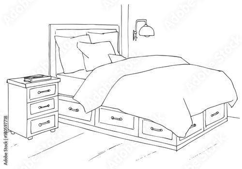 Hand drawn sketch. Linear sketch of an interior. Sketch Line bedrooms. Vector illustration