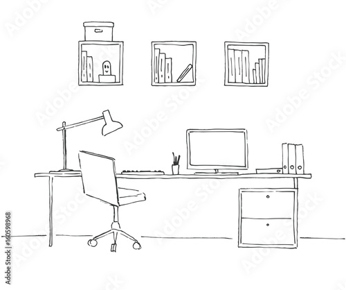 Sketch the room. Office chair, desk, various objects on the table. Sketch workspace. Vector illustration