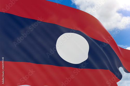 3D rendering of Laos flag waving on blue sky background